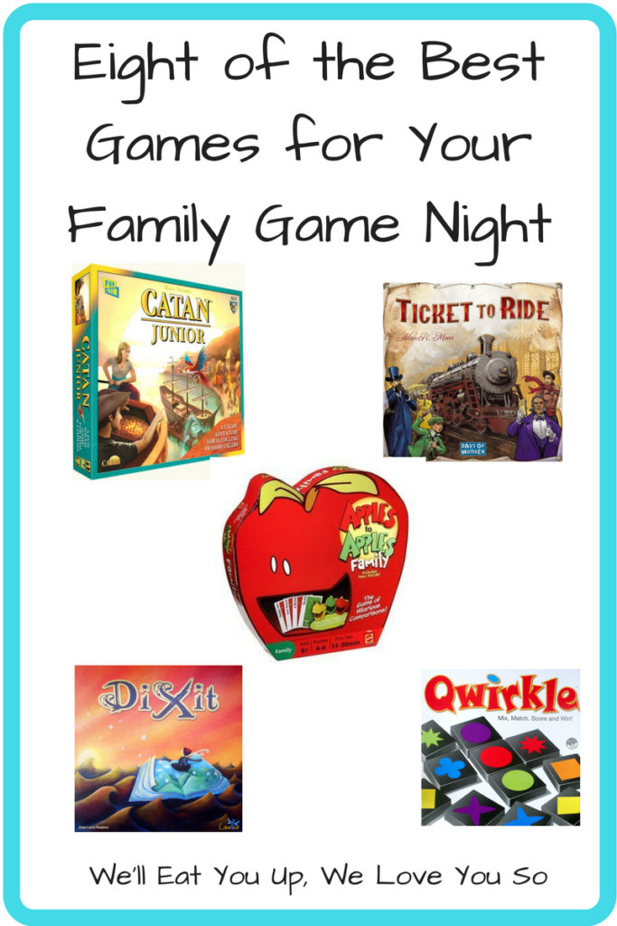 Eight of the Best Games for Family Game Night. (Photo: Covers of the games Caatan Junior, Ticket to Ride, Apples to Apples, Dixit and Quirkle)