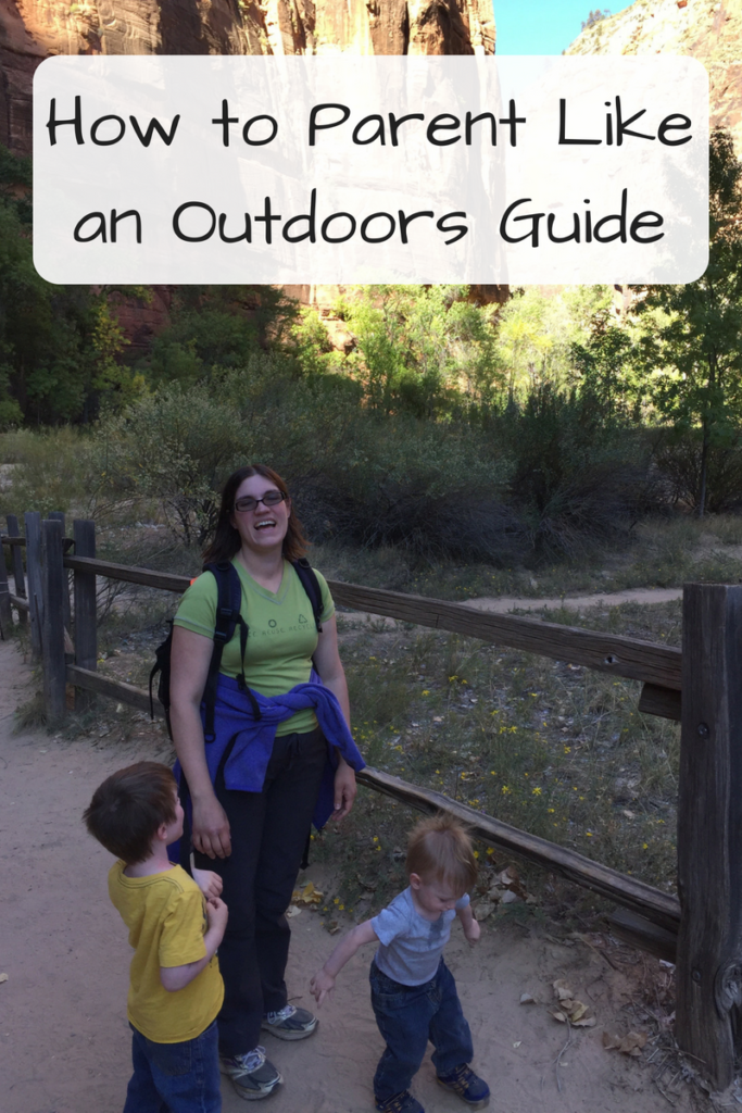 How to Parent Like an Outdoors Guide (Photo: White woman with two kids in front of her on a hiking trail)