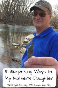 5 Surprising Ways in Which I'm My Father's Daughter; Photo: Man in baseball cap holding a sharp stone in front of a river