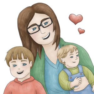 Cartoon of woman with brown hair hugging two boys