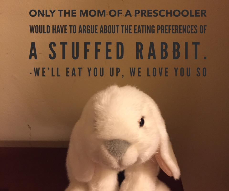 Only the mom of a preschoolers would have to argue about the eating preferences of a stuffed rabbit. (Photo: Stuffed white rabbit)