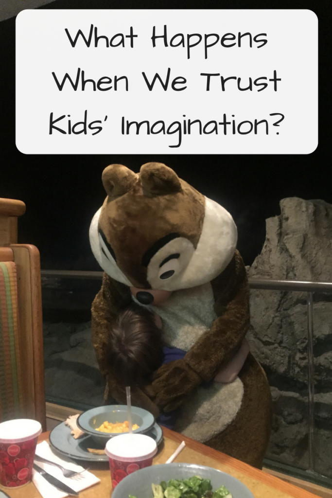 What Happens When We Trust Kids' Imagination? (Photo: Young white boy hugging the character of Chip, a giant chipmunk, in front of a table with food.)