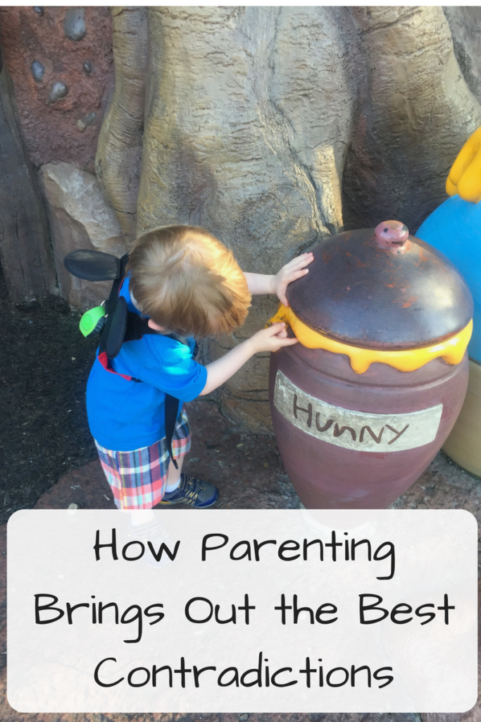 How Parenting Brings Out the Best Contradictions (Photo: Small white boy looking at a pretend giant honey pot)