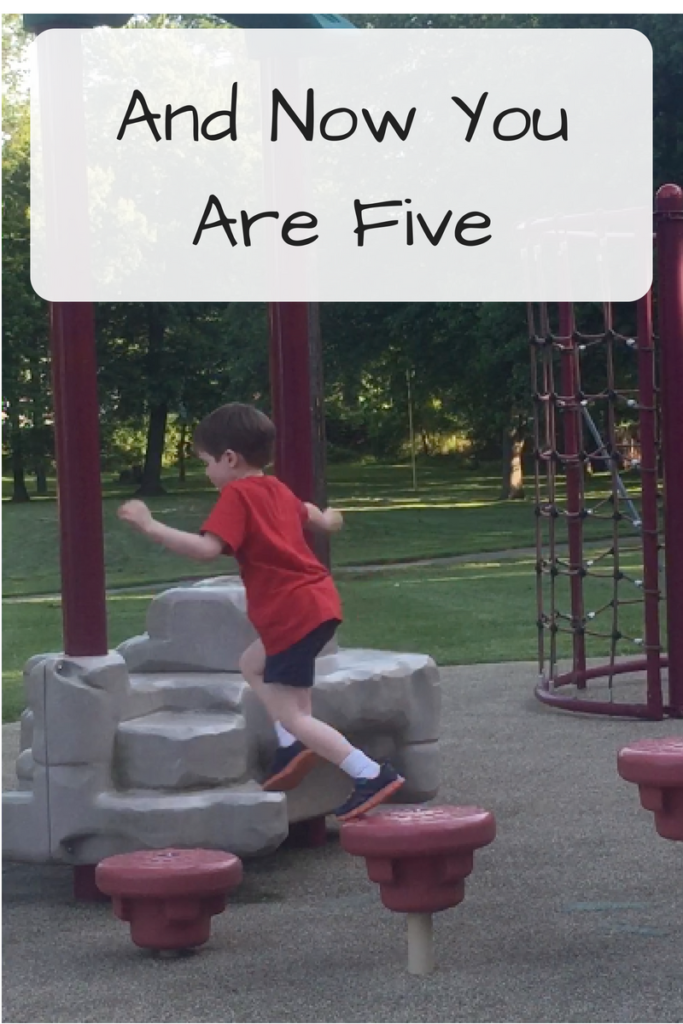 And Now You Are Five (Photo: Young white boy jumping from platform to platform on a playground(