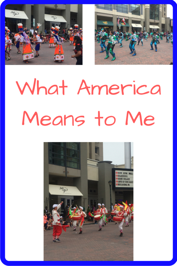 What America Means to Me (Three photos: Chinese dancers, Peruvian dancers, and El Salvadorian dancers in traditional outfits)