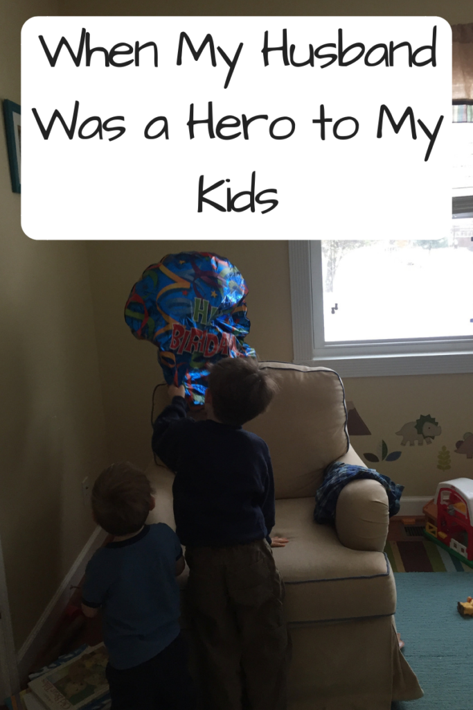 Photo: Two children chasing after a mylar balloon in a bedroom. Text: When My Husband Was a Hero to My Kids