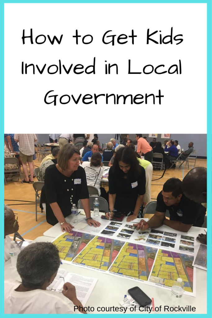 Photo: People gathered around a table, looking at maps; Text: How to Get Kids Involved in Local Government