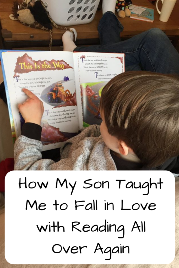 Photo: Child sitting on a couch, pointing to a picture book; Text: How My Son Taught Me to Fall in Love with Reading All Over Again