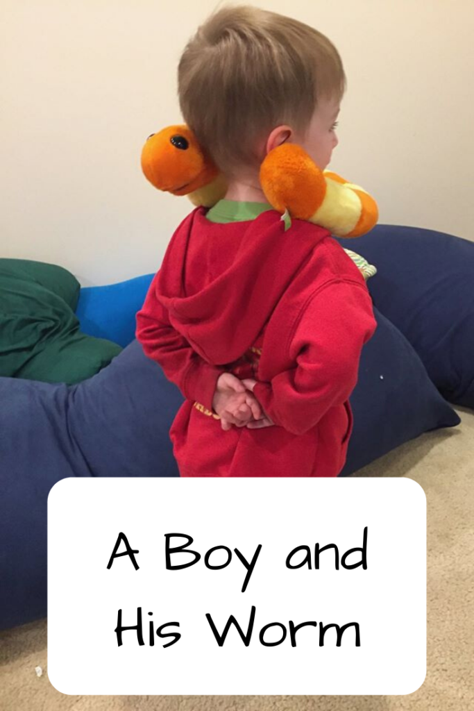 Photo: Boy with a stuffed worm around his neck; Text: A Boy and His Worm