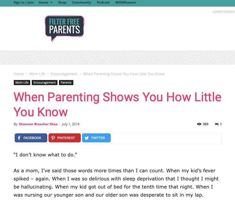 Screenshot of Filter Free Parents website with the title "When Parenting Shows You How Little You Know"
