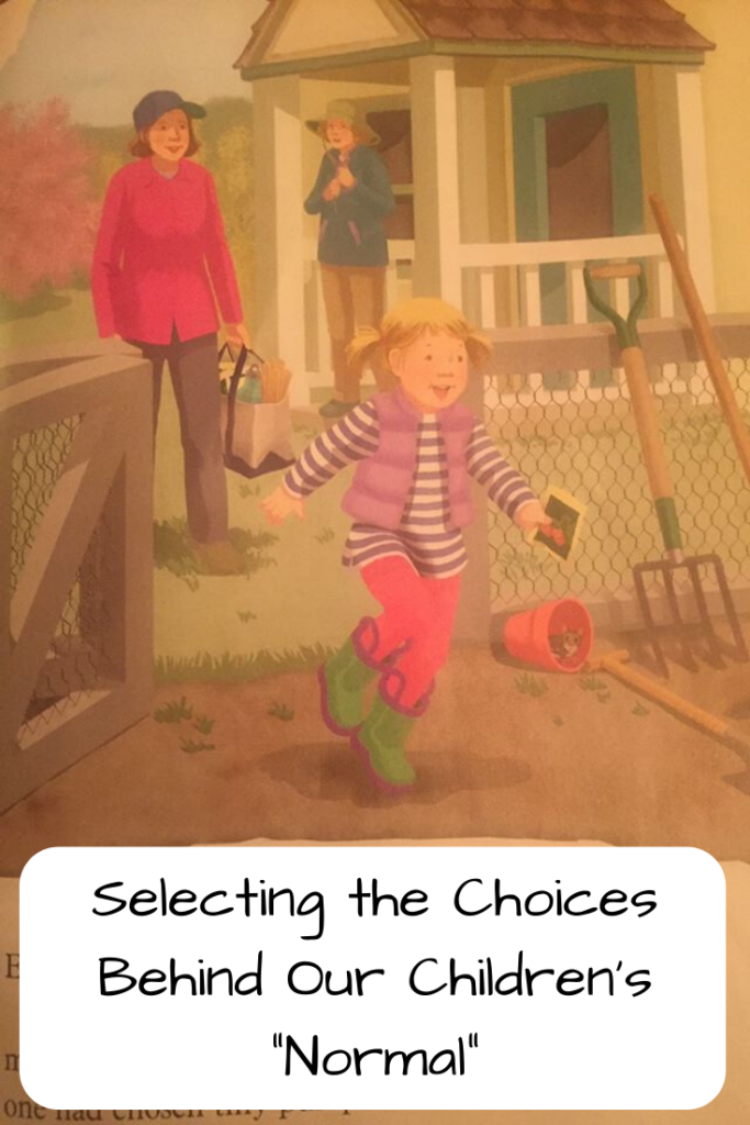 Illustration: A little girl running outside with two women in the background; Text: Selecting the Choices Behind Our Children's "Normal"