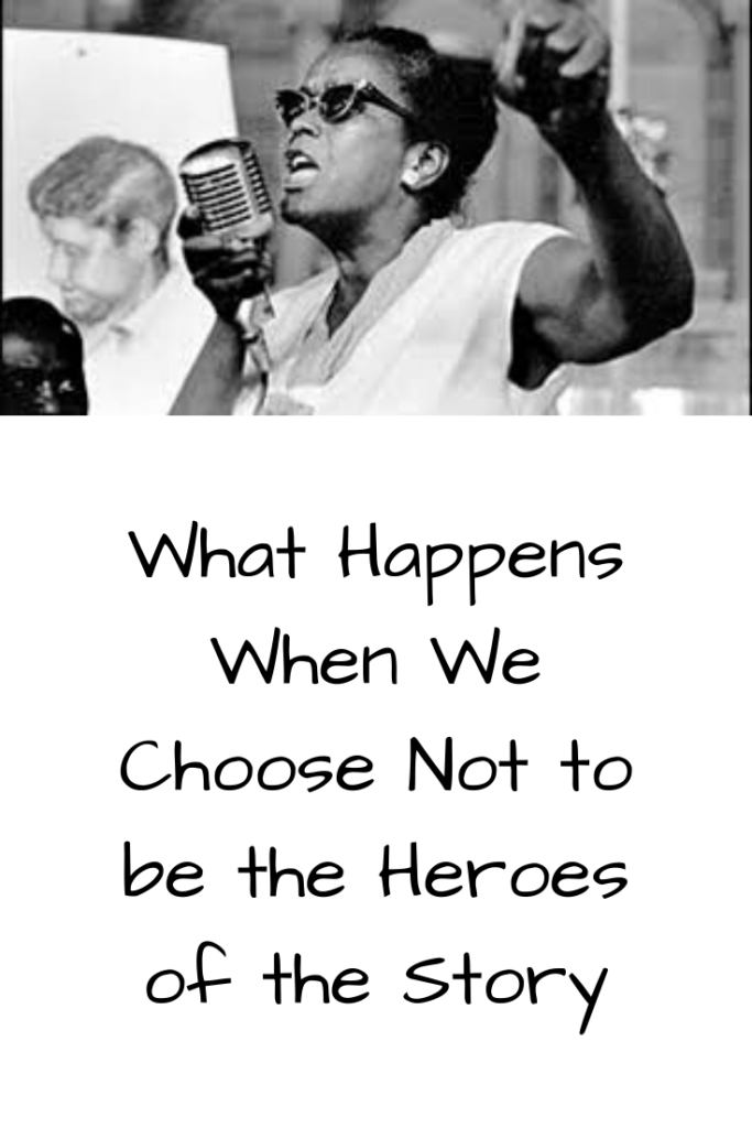Photo: Historical photo of Ella Baker (Black female activist) giving a speech; Text: What Happens When We Choose Not to be the Heroes of the Story