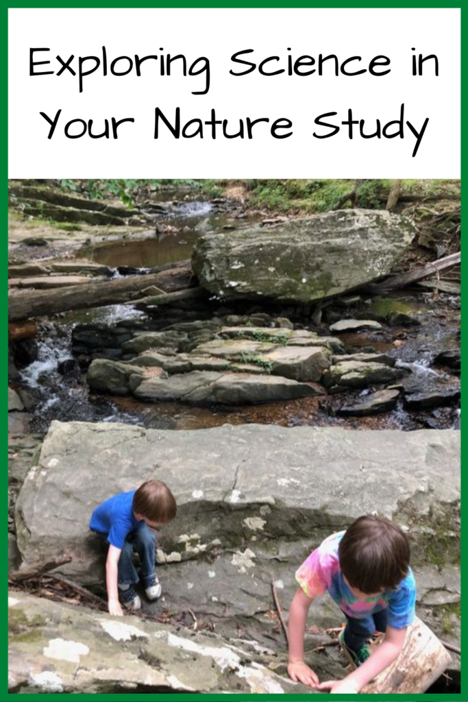 Text: Exploring Science in Your Nature Study; Photo: Two young white boys climbing up rocks next to a stream