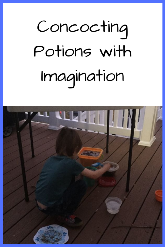 Concocting Potions with Imagination; photo - young boy kneeling under a table, stirring a container with liquid in it