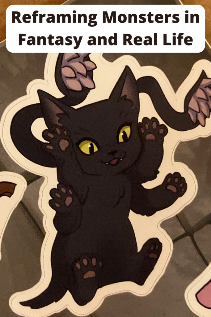 Reframing Monsters in Fantasy and Real Life (Picture: A sticker of a kitten displacer beast, a creature that looks like a cat with tentacles with teeth coming out of its back)