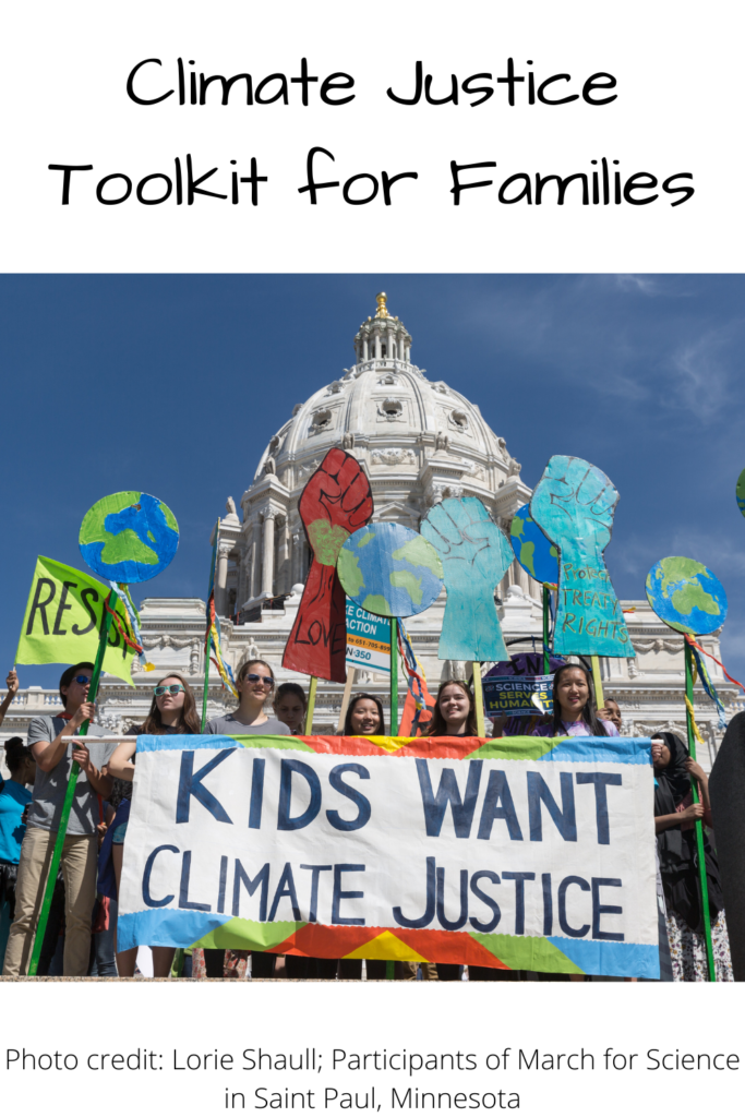 Climate Justice Toolkit for Families (Photo of kids at a rally in front of a Capital building with a sign saying "Kids want climate justice")