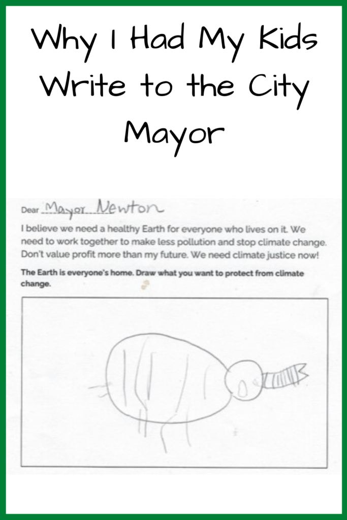 Screenshot of a scanned in letter that says "Dear Mayor Newton, I believe we need a healthy Earth for everyone who lives on it. We need to work together to make less pollution and stop climate change. Don't value profit more than my future. We need climate justice now! The Earth is everyone's home. Draw what you want to protect from climate change." with a children's drawing of an elephant