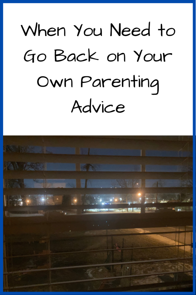 Photo out of the window of my backyard, which has a road and garden; Text: When you have to go back on your own parenting advice