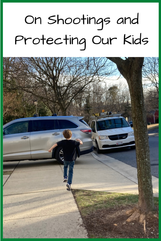 On Shootings and Protecting Our Kids; Photo of a young white boy running down a sidewalk with cars parked in front of him