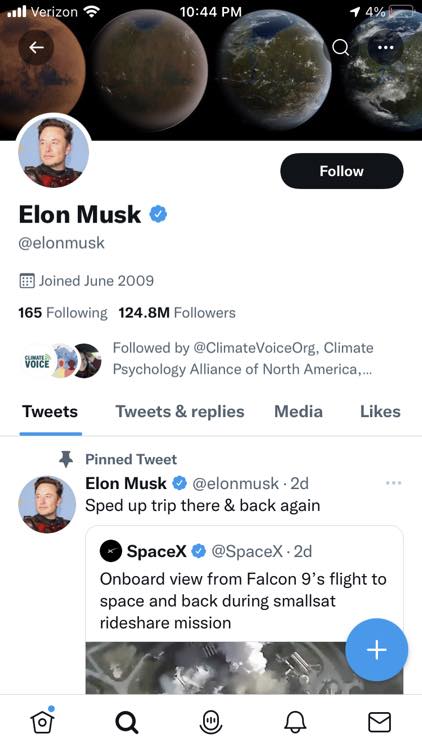 Screenshot of Elon Musk's Twitter account, which has planets in the header, a photo of him for the profile, and 124.8 M followers