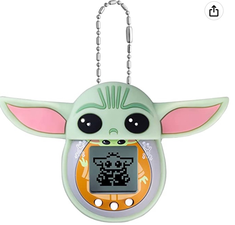 Image of the Baby Yoda / Grogu Tamagotchi (not ours, as we have managed to lose the actual Tamagotchi somewhere in the house and the bunny chewed on the ears of the case so badly we had to throw out the little case - <sigh>)