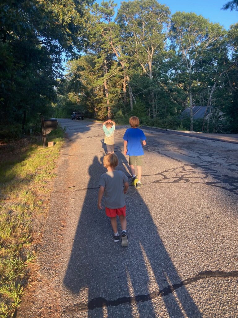 My younger son (a white boy in shorts and a t-shirt) in front, with my older son directly behind, and their cousin behind them, walking down a road with trees on both sides
