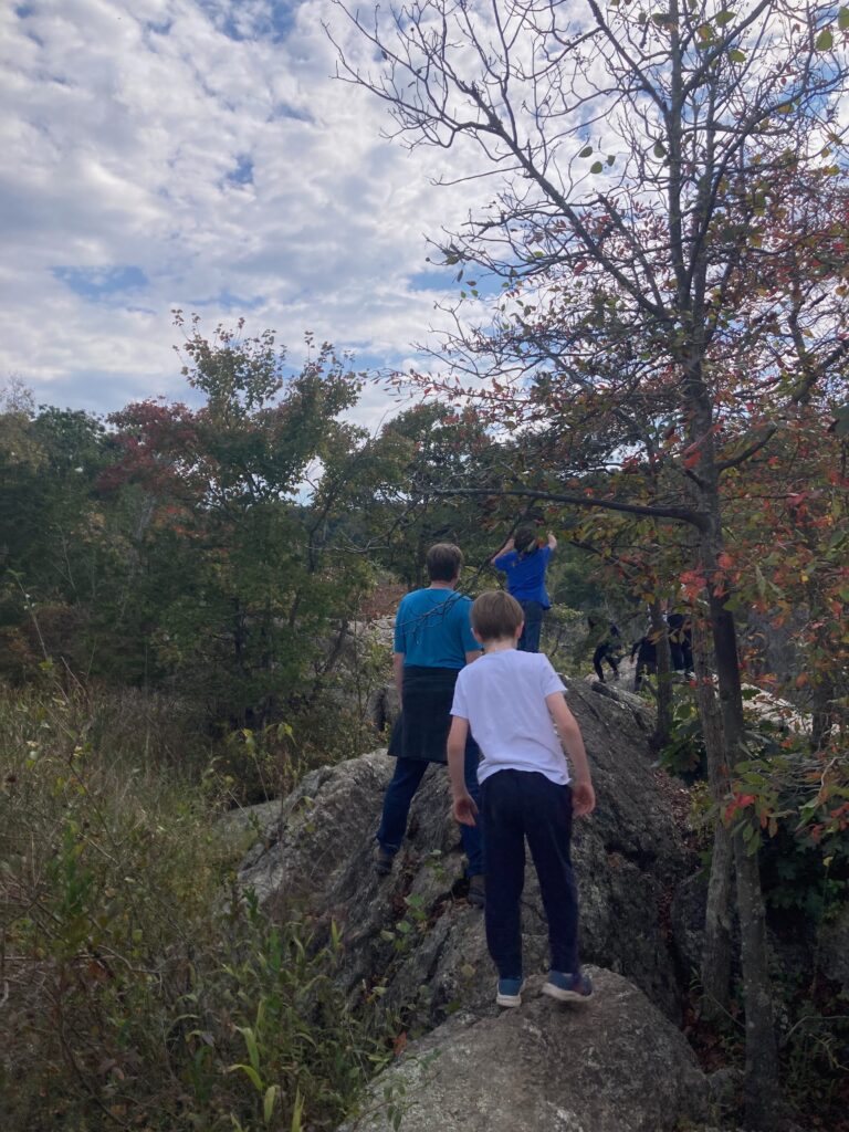 My husband and two kids (all white men) hiking on a path of large rocks with trees on both sides