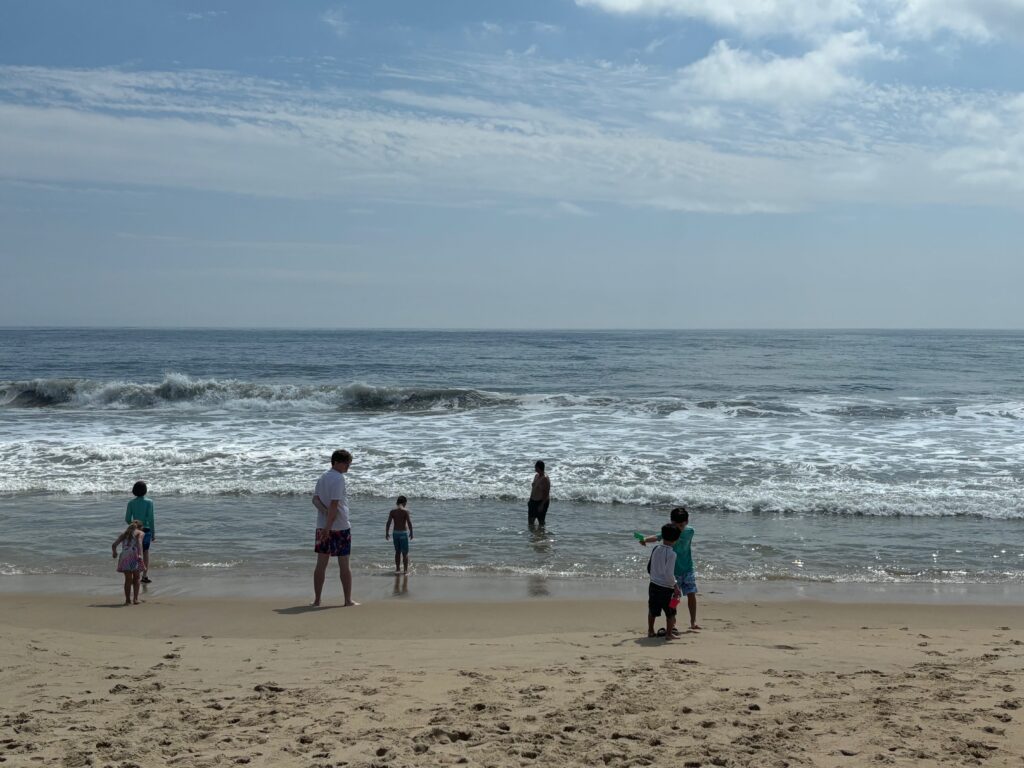 Five kids and two adults standing at the edge of the water in the ocean, backs to the camera. The waves are relatively gentle.